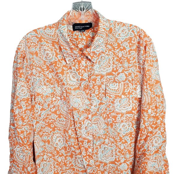 JNY Signature Sz XL Blouse Button Front Floral Roll Tab Cotton Side Vents Orange - Picture 3 of 14